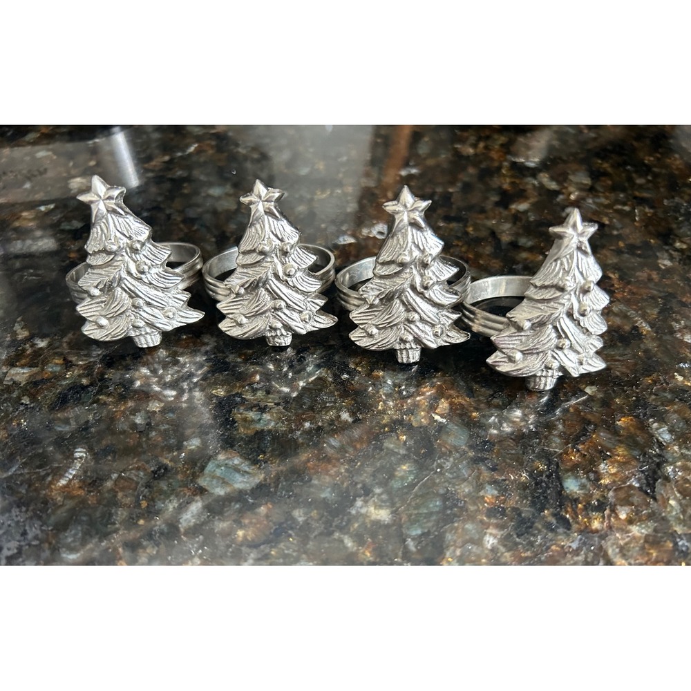 Silver Christmas Tree Napkin Rings Set of 4 Holiday Table Decor Star Top Metal
